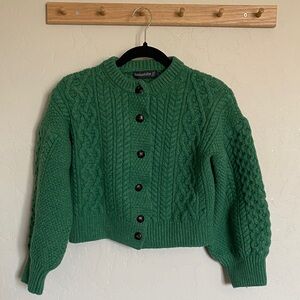 IrelandsEye Green Cable Knit Wool Button Cardigan Sweater Crew Neck Size L